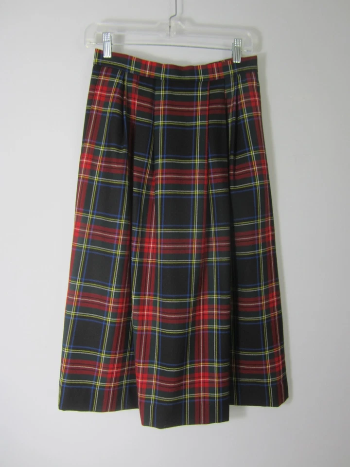 Vtg Lands End Womens P 8 Red Green Tartan Plaid Wool Pleated Midi Skirt Scotland - Image 4 of 4