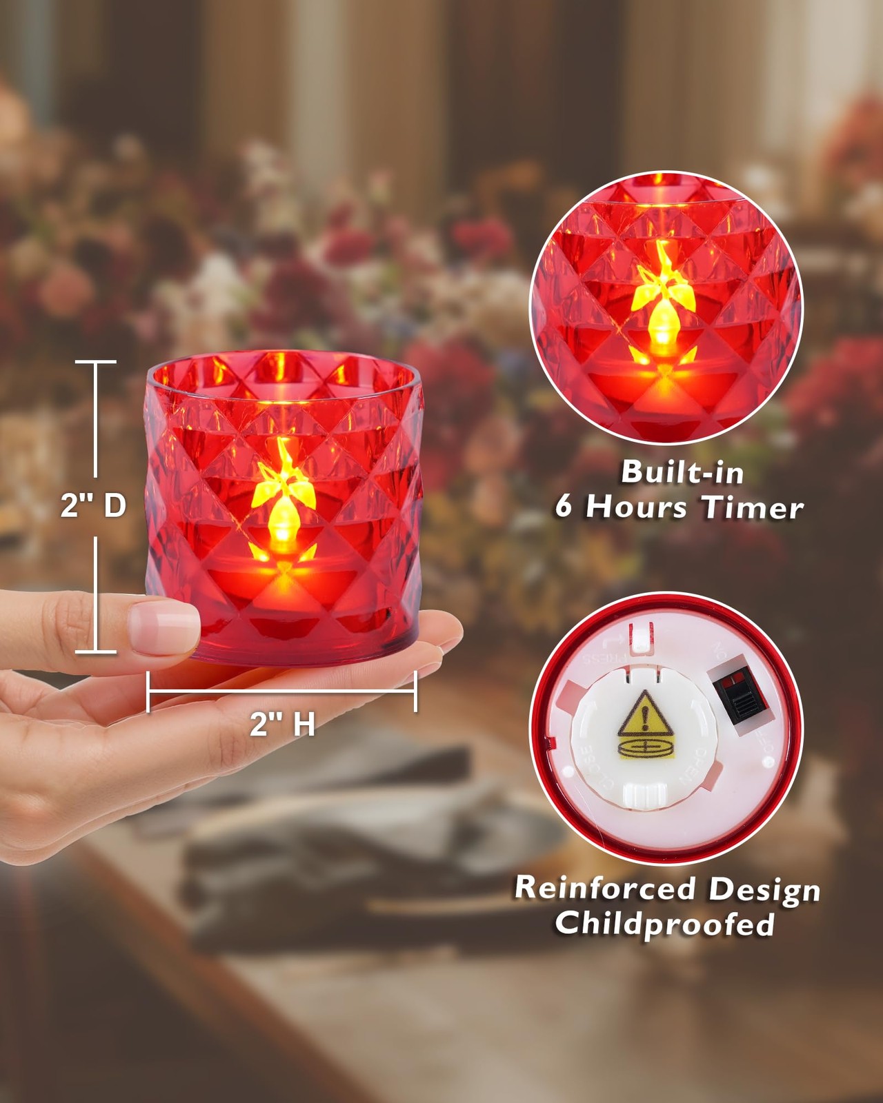2" x 2" Acrylic Votive Candle Holders with Auto Timer Flameless Led Tealight,...