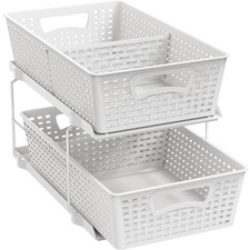 2 Tier Bathroom Organizer Tray Pull-Out Sliding Drawer Under Sink Storage White