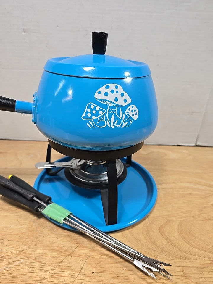 1970's Fondue Pot, Mid Century Modern Fondue Rare Mushrooms Design Blue lot - Image 3 of 4