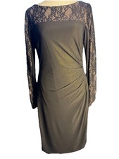 Chaps Lace Panel Knit Dress Black Long Sleeve Size M 