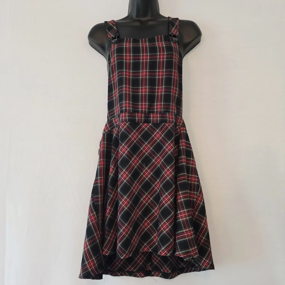 brown plaid overall dress Khaki 1960s Square Neck Plaid Overall Dress