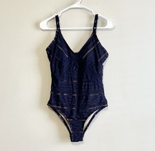 Kona Sol Women's Crochet Overlay One Piece Swimsuit Navy Size Large
