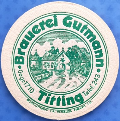 Alter Bierdeckel Brauerei Gutmann Titting um 1940-50 mit Impressum