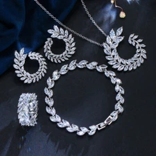 CZ Marquise Cut Olive Branch Leaf Necklace Bracelet Earrings Ring Jewelry Set