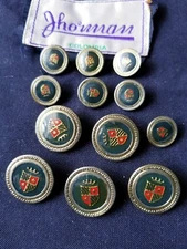 Vtg shield crest set 12 green Enamel Gold Blazer 15mm & 20mm Replacement Buttons