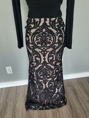 xscape damask applique fit and flare dress Xscape Women's Long Sleeve V-Neck Formal Evening Gown with Floral Applique  Skirt and Side Slit, Black, 4 at Amazon Women's Clothing store