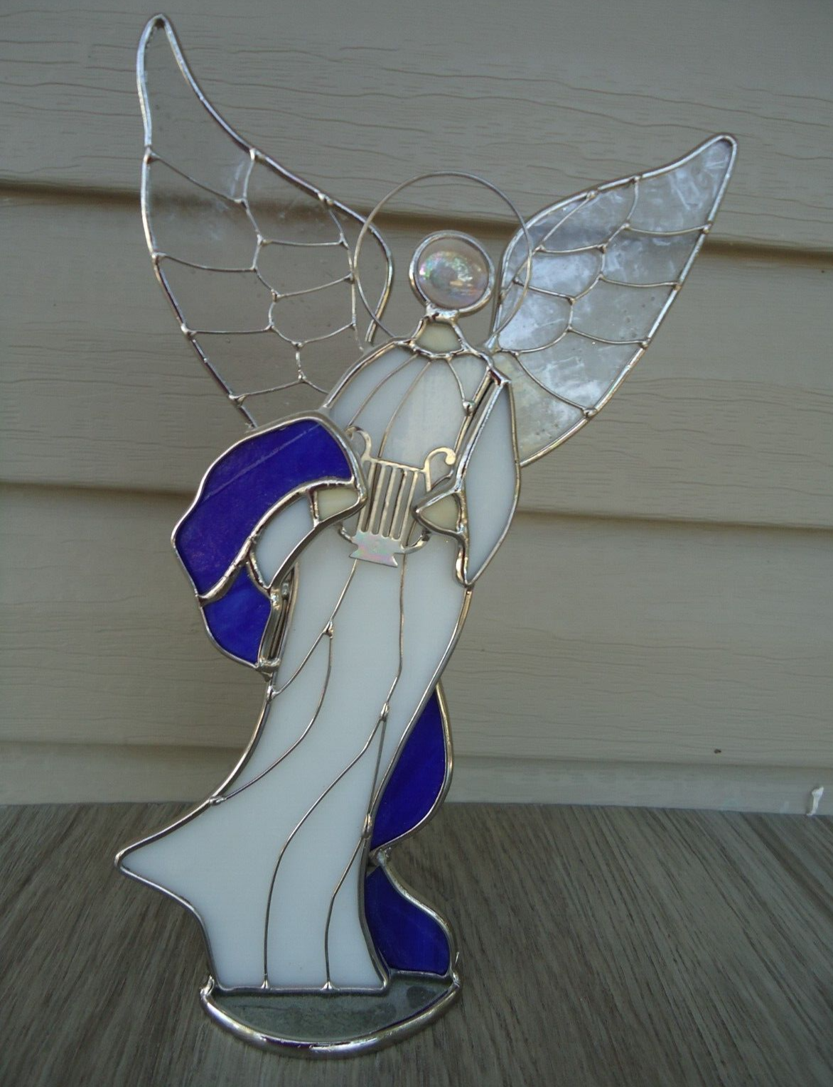 Blue and White Stained Glass Angel Tealight Holder 9.5 Inches Playing READ Design
