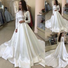 Muslim Satin Wedding Dresses with Long Sleeve A Line Sweep Train Bridal Gowns