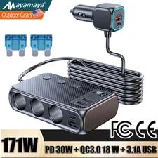 USB C Car Charger Adapter 3-Socket Cigarette Lighter Splitter Multi Plug Outlet