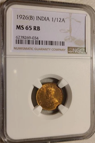India 1/12 Anna 1926B NGC MS 65 RB