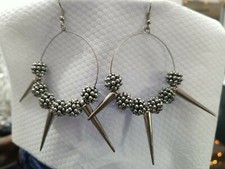 SILVERTONE Goth Punk Spike hook hoop Dangle lightweight Earrings