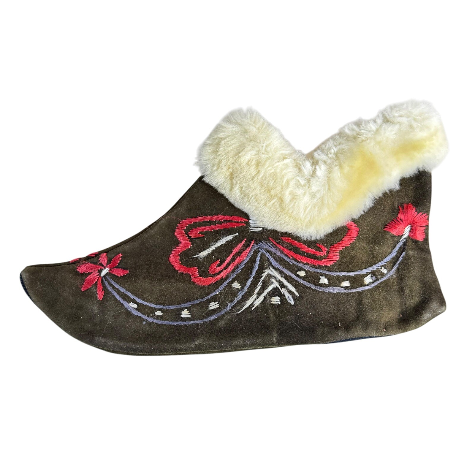Pixie Brown Fur Lined Suede Embroidered Slippers … - image 2