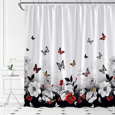 Floral Shower Curtain Black Red Flower Butterfly Simple Design Pattern Fabric