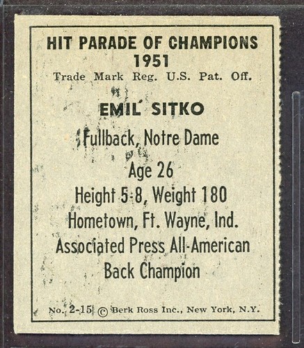 1951 FOOTBALL BERK ROSS # 2-15 EMIL SITKO 25880 - Picture 2 of 2