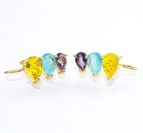 Multi-Color Agate Onyx Quartz Chalcedony Amethyst Gold Plated Ear-Cuff Earrings - Picture 15 of 34