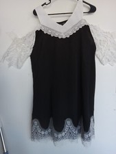 NWT's black dress w/ white accents, lace, crocheted eyelet sleeves by Hekka