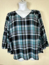 Counterparts Womens Size XL Blue Plaid Woven V-neck Blouse 3/4 Bell Sleeve