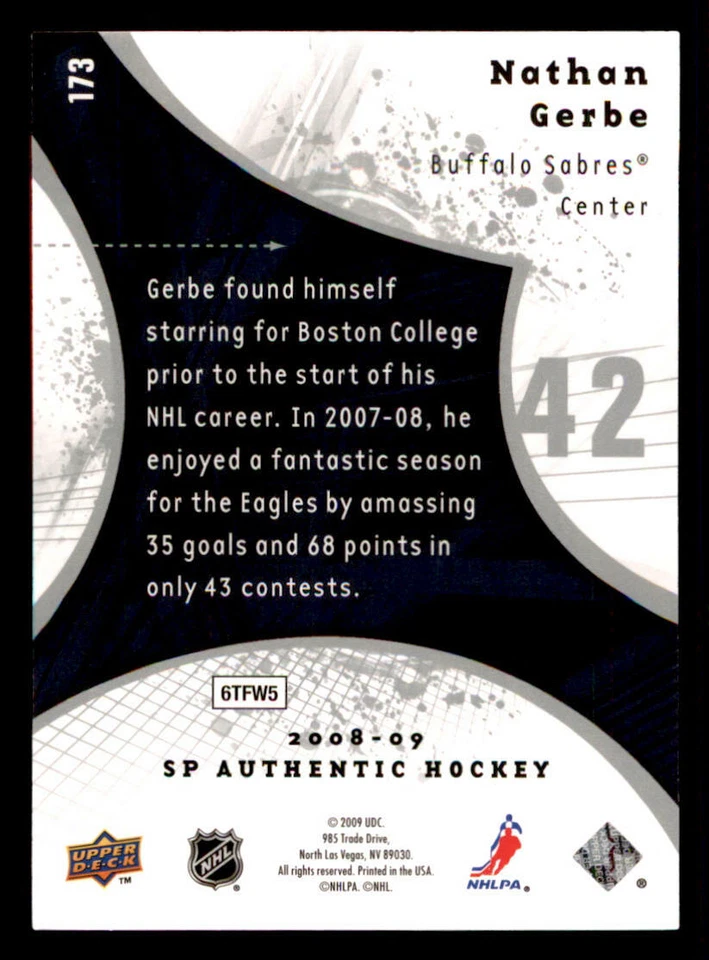 2008-09 SP Authentic #173 Nathan Gerbe RC /999 (ref 239797) - Image 2 of 2