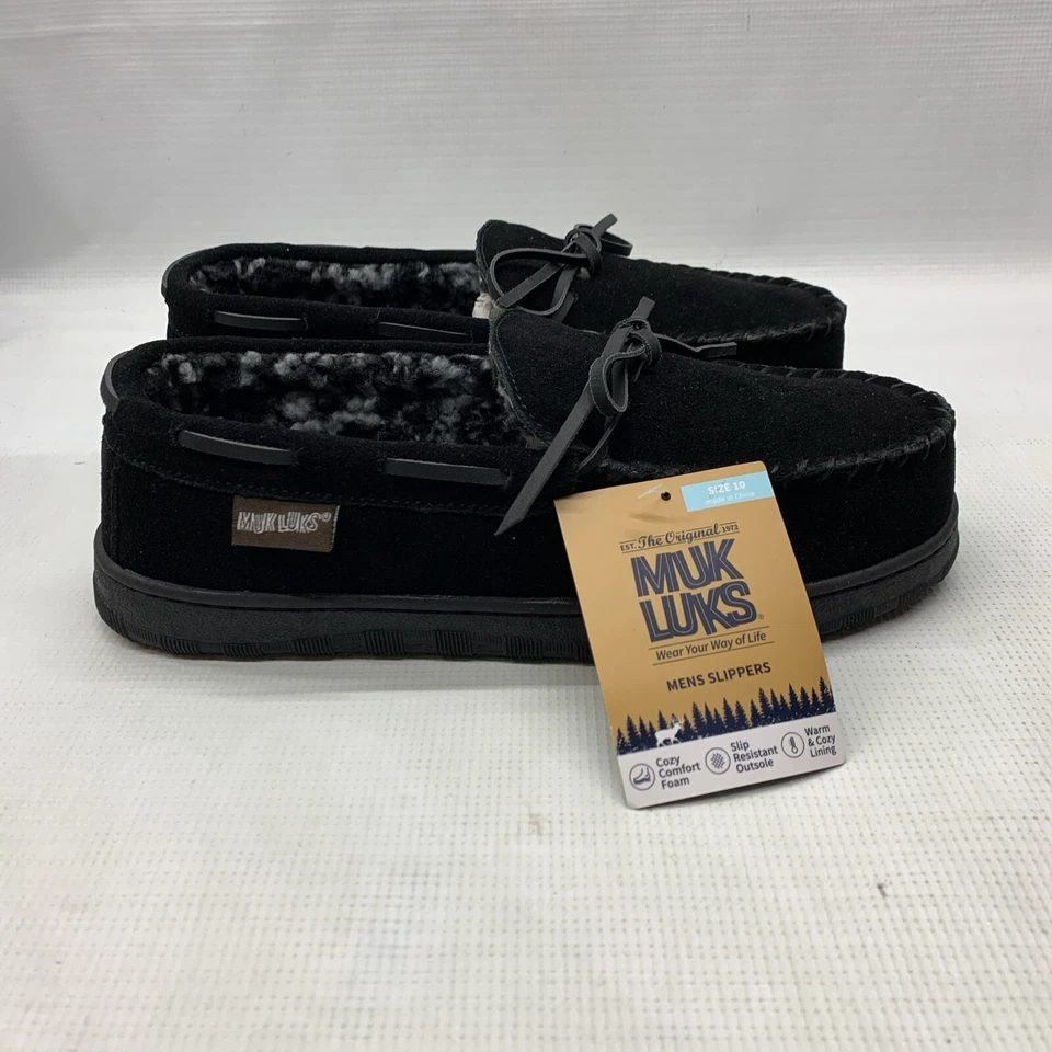 MUK LUKS Paul Printed Berber Suede Moccasin Men's Slipper Black Size 10 Casual Foto 2 de 4