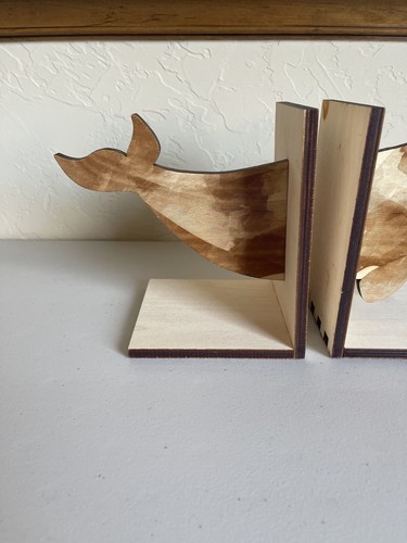 Wooden Whale Nautical Bookends Natural Brown Tan 7" Tall 7" Wide Ocean Beach Nur - Picture 3 of 5