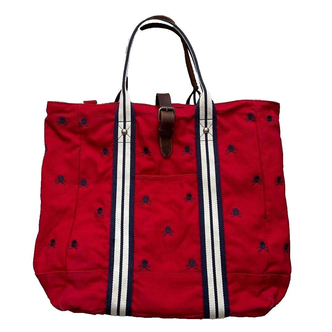 Ralph Lauren Rugby Skull All Over Pattern Red Tote Bag 2404M Ralph Lauren Rugby Skull All Over Pattern Red Tote Bag 2404M
