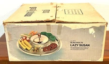 Vintage 60's Kromex 13" Lazy Susan Four Glass Sections with Covered Dish  in Box