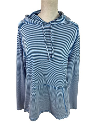 Rhone Women's L Stretch Seersucker Pullover Long Hoodie Blue Striped EUC