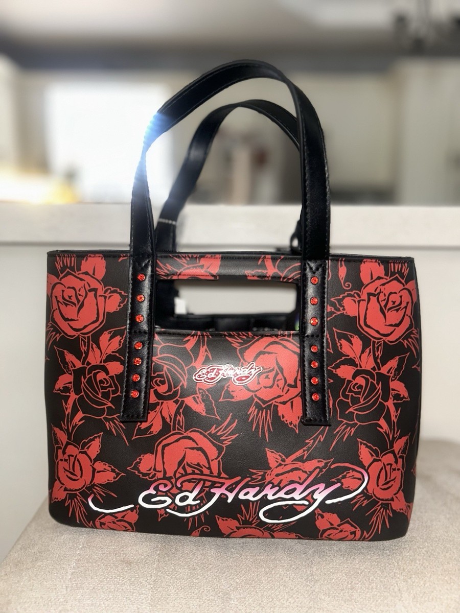 Ed Hardy Red Black Tote Bag with Skull, Rose, Rhinestone, Studded
