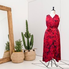 Tahari ASL Women's XL Sleeveless Floral V-Neck Midi Dress Red Black
