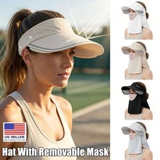 Women Men Sun Visor Hats With Mask Wide Brim Summer Ponytail Cap UV Protection