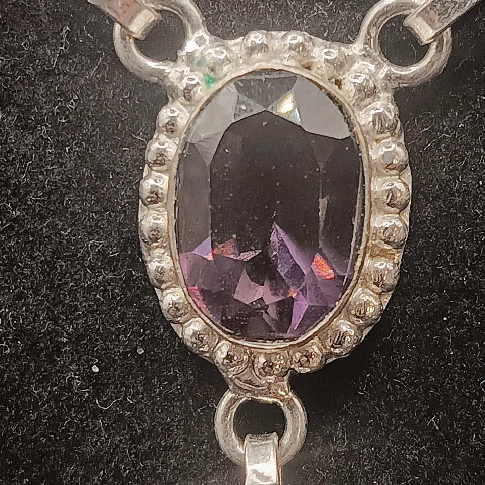 925 Oval Multi Cabochon Necklace Purple Glass Stones Qty 6, Y-Shaped 20" - Image 3 of 4