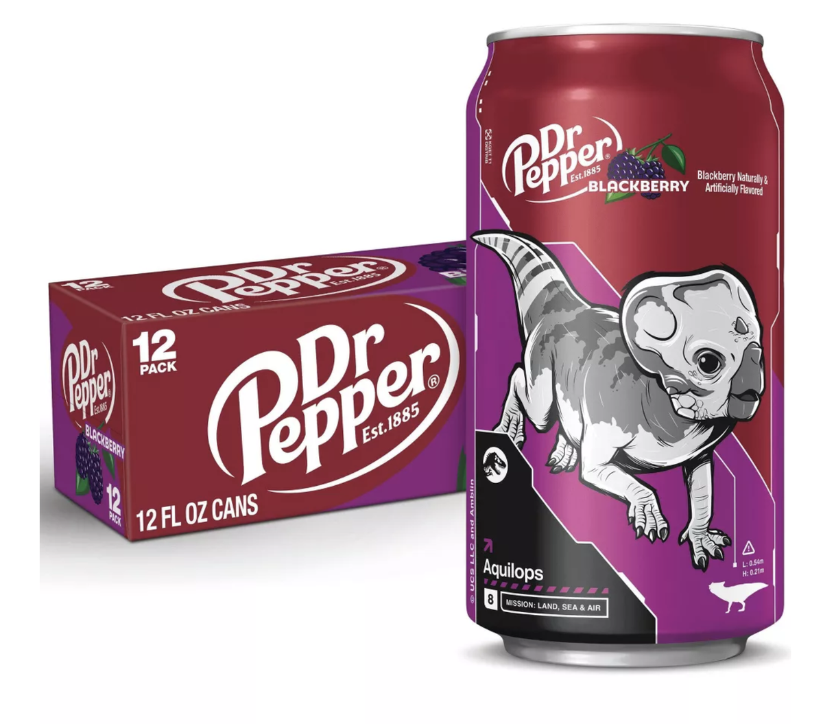 Dr Pepper Blackberry Soda Aquilops Jurassic World Rebirth 12 pack