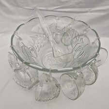 KIG INDONESIA Punch Bowl Set 10 Cups Plastic Hooks Ladle Vintage Clear Glass