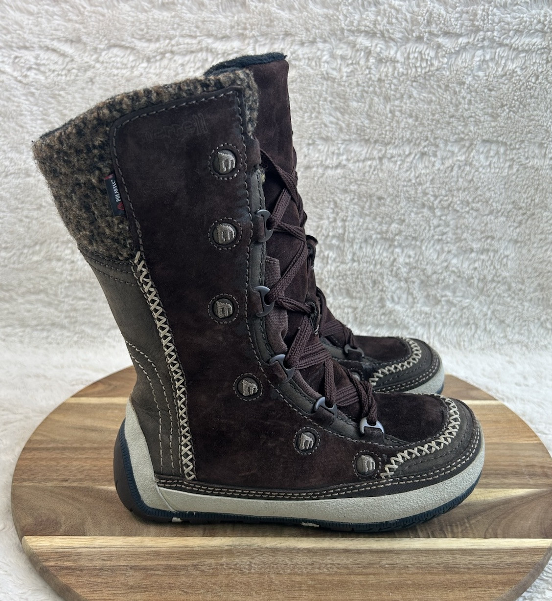 Merrell Womens Snow Boots Size Brown Leather Puffin Lace Tall