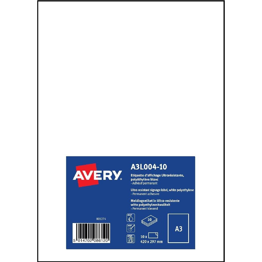 Etiquettes A3 adhésive Avery jet d'encre et laser résistantes à la décoloration