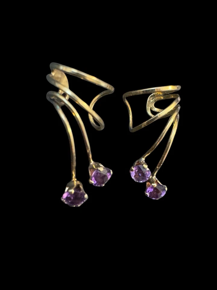 Pendientes únicos de amatista, placa de oro sin perforación piedra de nacimiento de febrero Z2 Foto 2 de 4