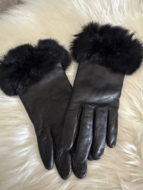 Black Leather Winter Gloves Womens Thinsulate w/ Fur Trim Classic Elegant M