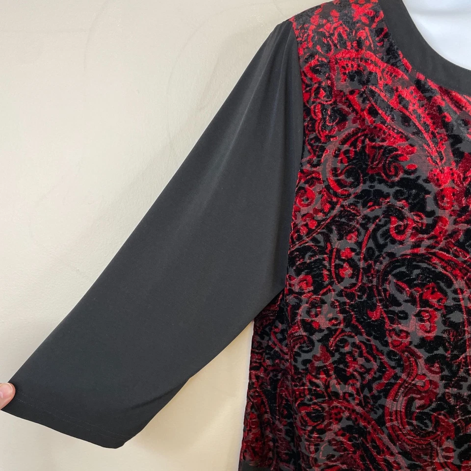 Vintage Womens Velvet Burnout  Asymmetrical Tunic Top Size XL Red Black HOLIDAY - Image 4 of 4