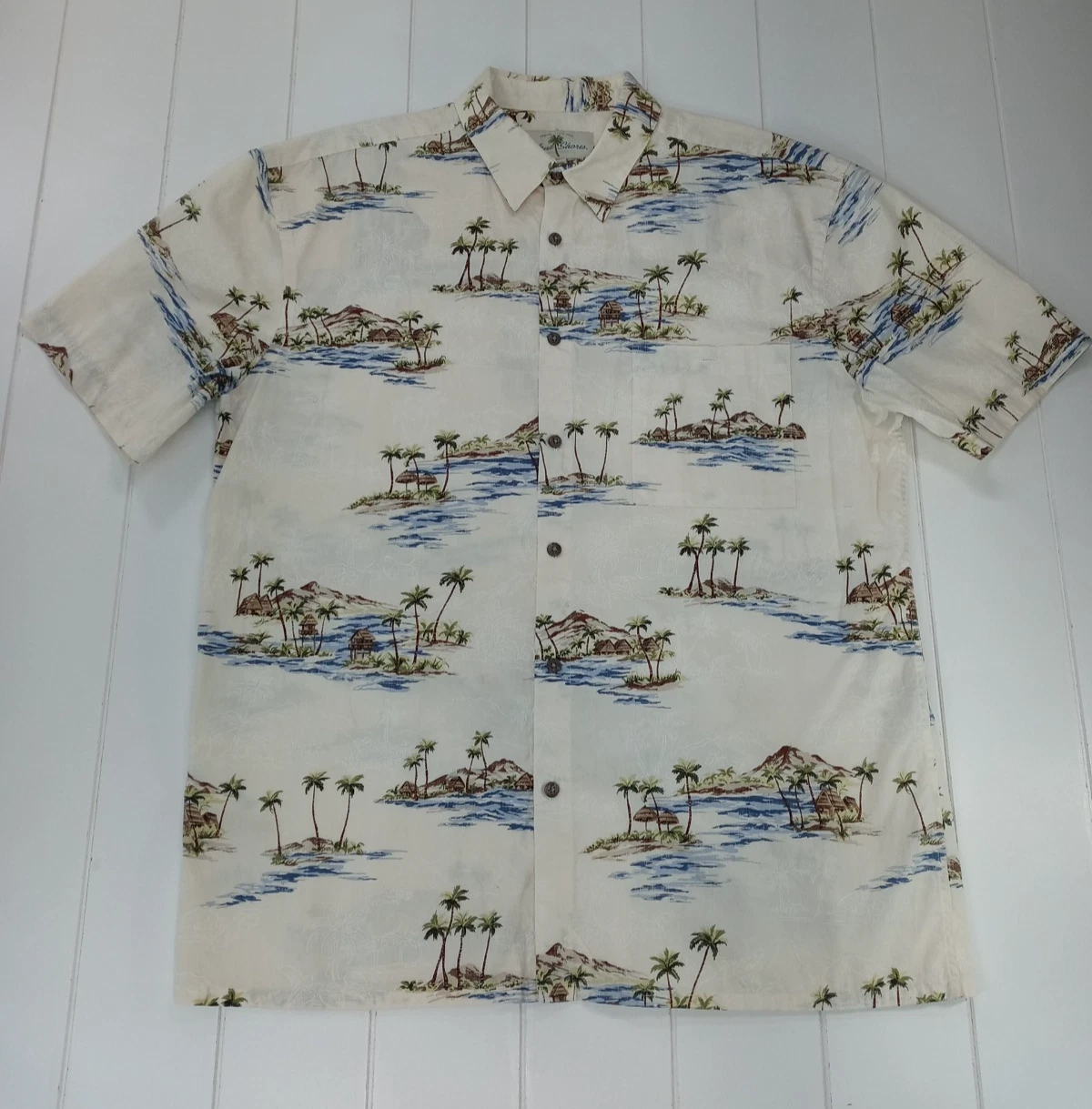 Island Shores Shirt Mens Beige Palms Beach Button-Up Hawaiian Tropical Size L