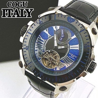 COGU Automatic Watch Open Heart Blue Big Face Leather Strap Timepiece