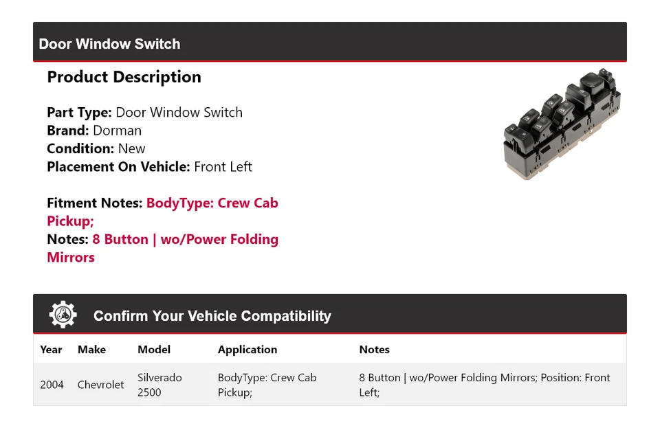 适用于 2004 雪佛兰索罗德 2500 Crew Cab Dorman 门窗开关左前 — 第 2/4 张图片