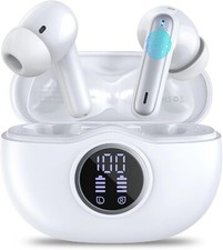 Wireless Earbud, Bluetooth 5.3 Headphones Deep Bass with 4 HD Mics, Snow White