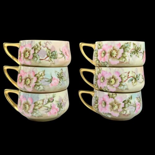 O&EG Royal Austria Pink Flower Set Of 7 Cups Signed Frizard