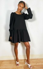 UK 10 EUR 38 US 8 Pretty Little Thing Black Puff Sleeve Swing Smock Mini Dress 