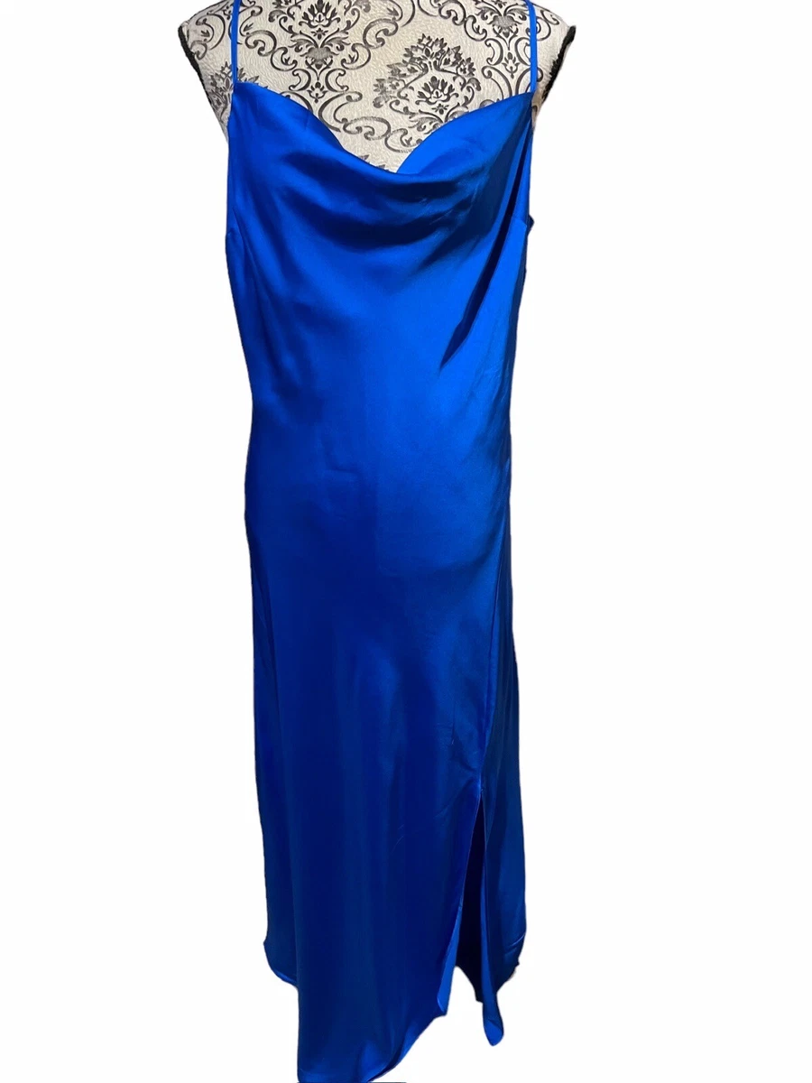 NEW EXPRESS Women s Size Large Royal Blue Cowl Neck Satin Maxi