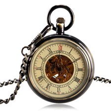 Bronze Open Face Men's Automatic Mechanical Skeleton Pocket Watch Pendant Chain