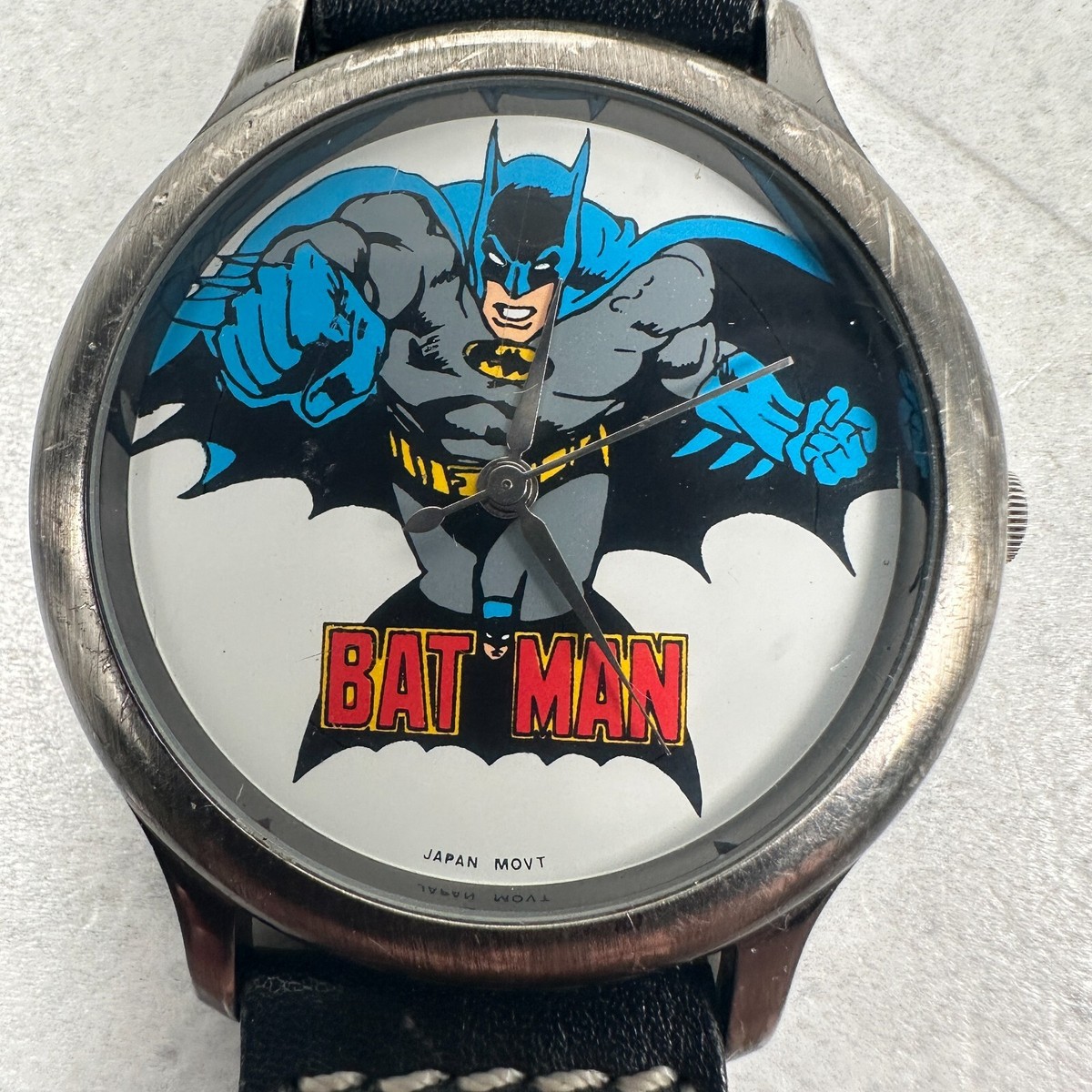 VTG Fossil Batman Watch 32mm Round Silver Tone Black Band BA-6307
