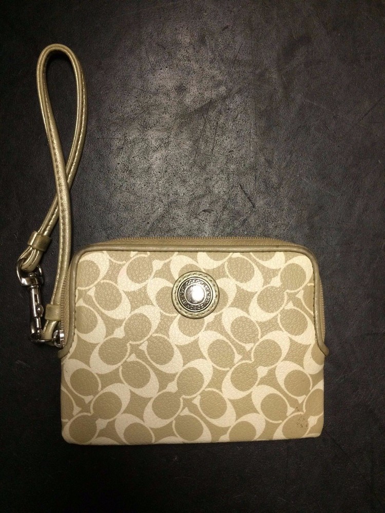 Coach Wristlet Light Khaki White Gold Signature 