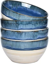 SOUP BOWL Stoneware Cereal Bowls Glaze Deep Blue Set of 4 26Oz 6″